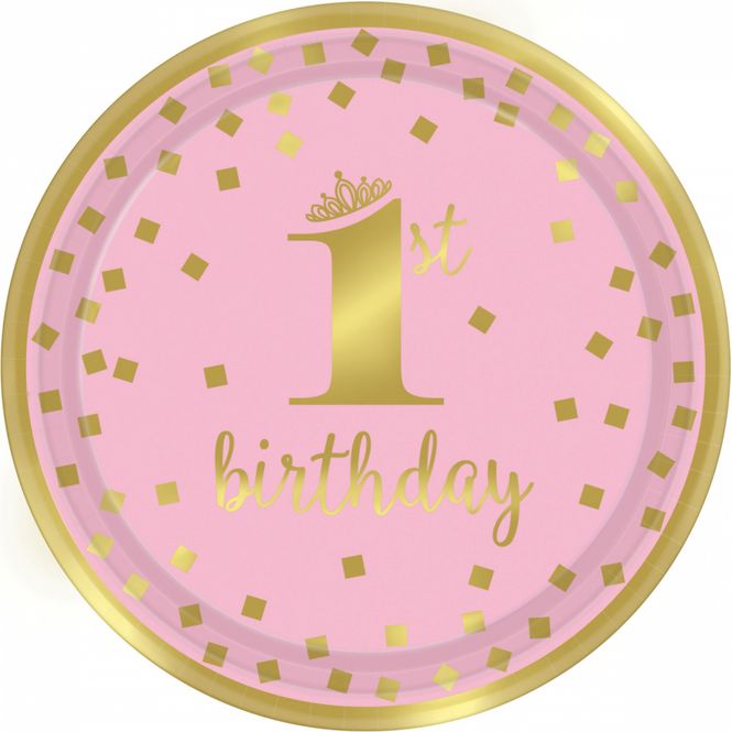 Hovedbilde Papptallerken rosa 1st birthday 8-pk