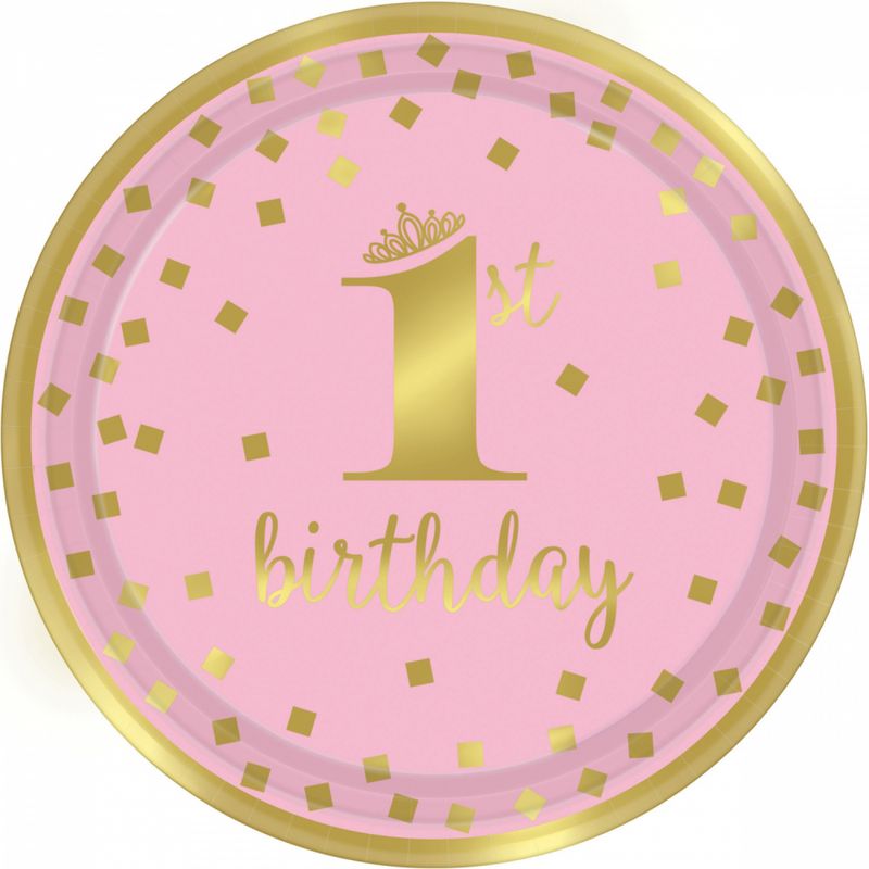 Papptallerken rosa 1st birthday 8-pk