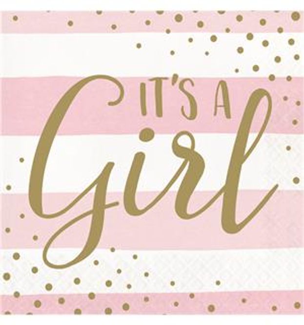 Hovedbilde Servietter Its' A Girl Rosa og Gull 16-pk