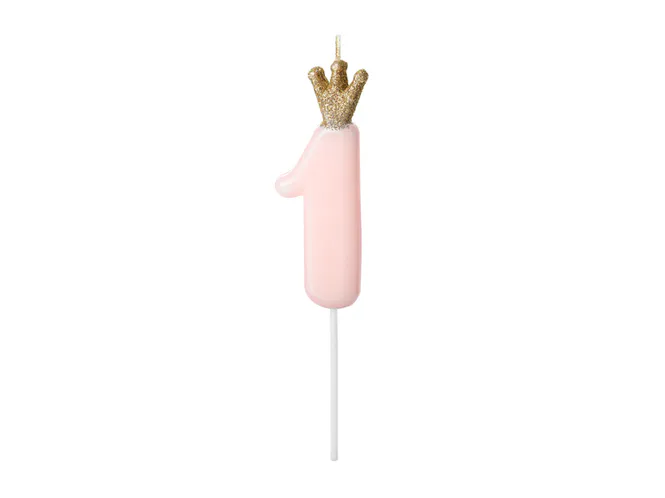 Hovedbilde Bursdagslys 1 År Rosa Med Krone Glitter Gull